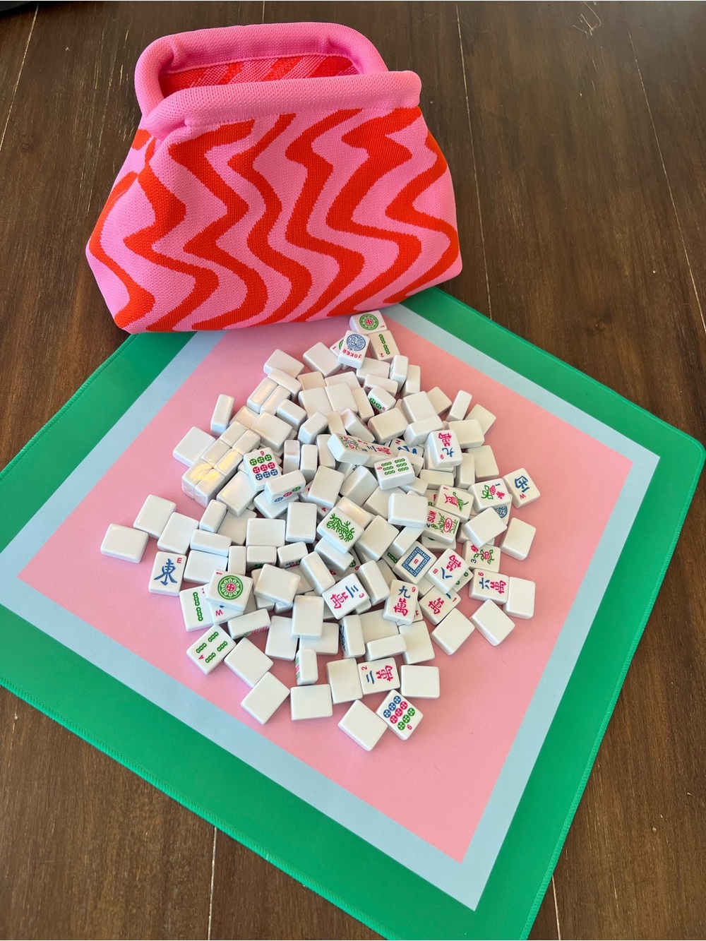 Pink Green and Blue Mahjong Set with Tile Pouch and 20” Travel Amahj Line Mat